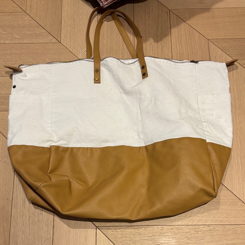 Canvas & Leather Two-Tone Tote Bag in White and Tan